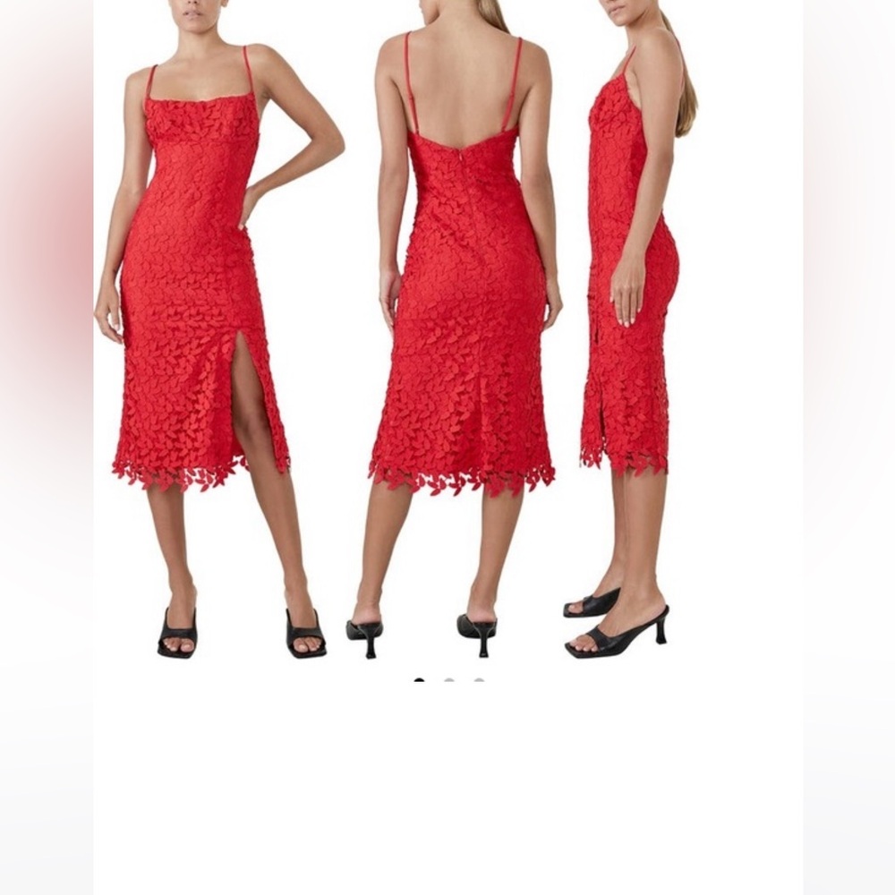 Bardot Red 3D Floral Appliqué Midi Dress US 4 / XS Lined Spaghetti‎ Strap Slit